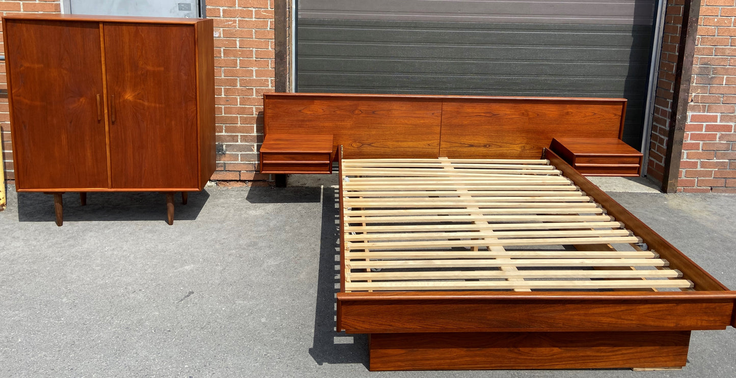 REFINISHED MCM Teak dresser, wardrobe & Queen platform bed w floating nightstands, Perfect