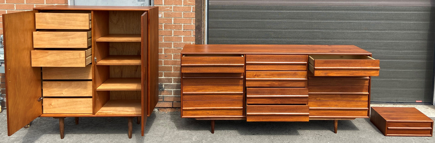 REFINISHED MCM Teak dresser, wardrobe & Queen platform bed w floating nightstands, Perfect