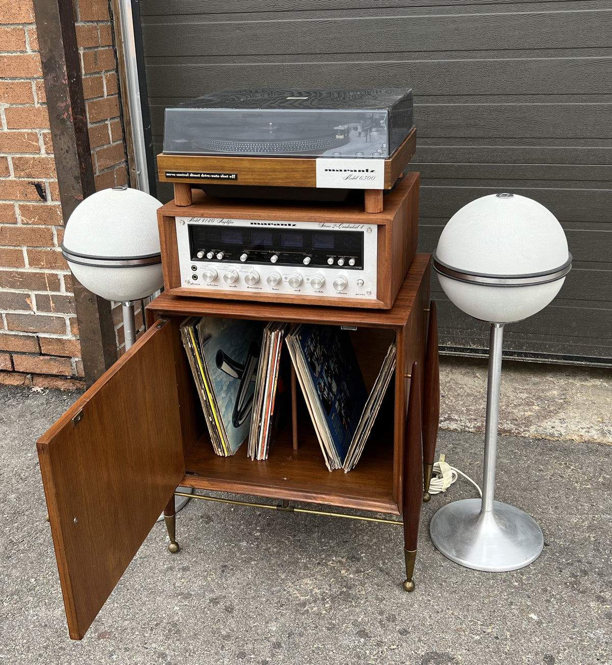 REFINISHED Mid Century Modern walnut accent cabinet w brass hardware, small 20”