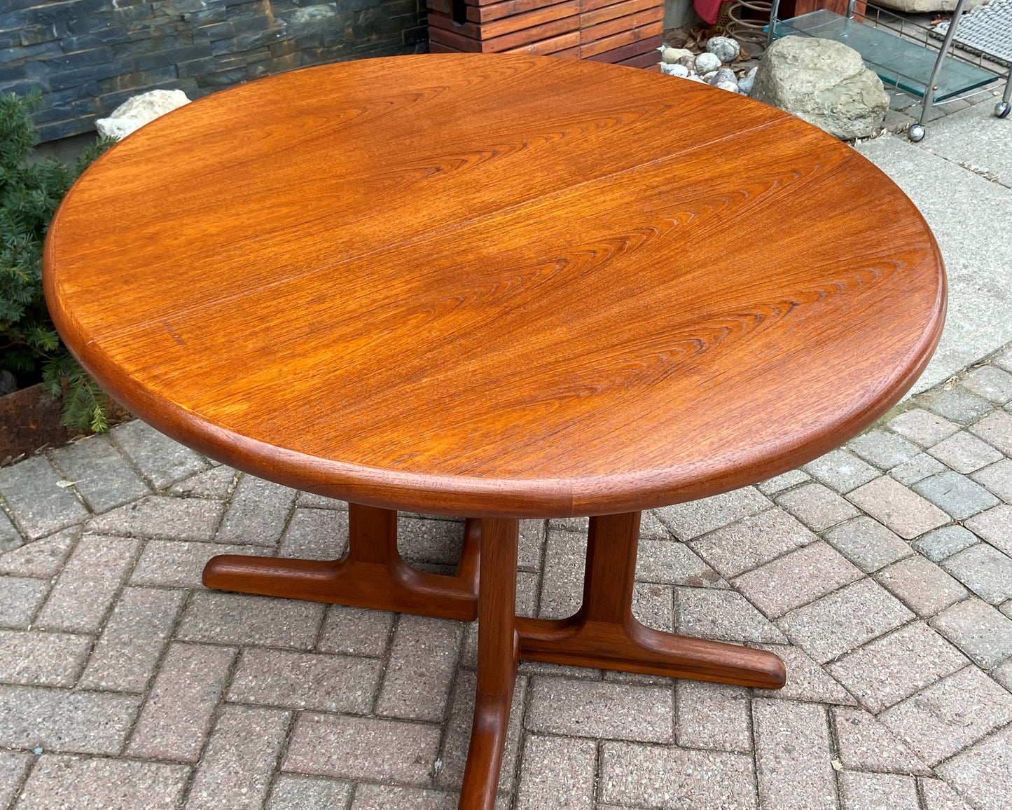 REFINISHED MCM Teak Table Round w 1 Leaf 41.5"-63", perfect