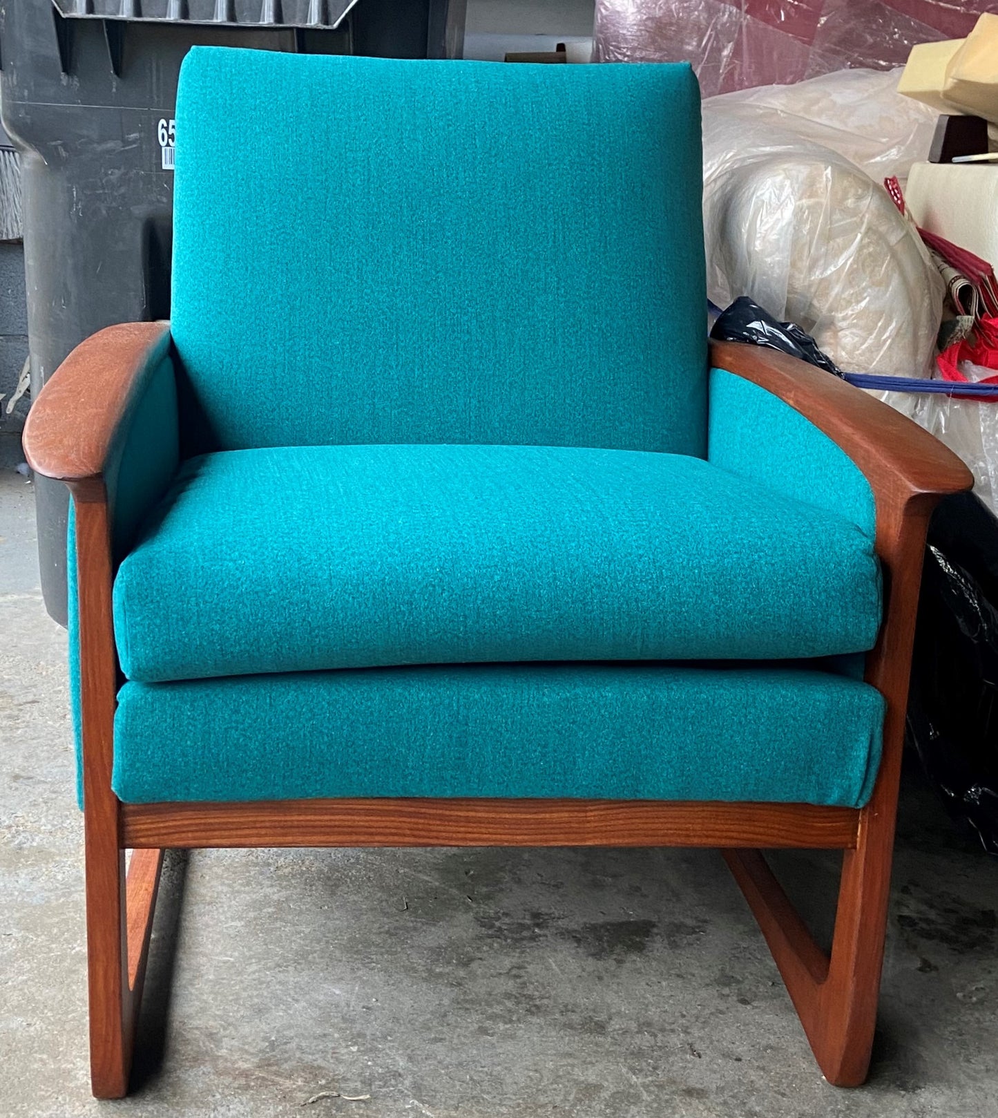 REFINISHED & REUPHOLSTERED in performance fabric Huber MCM Teak Sofa & Armchair