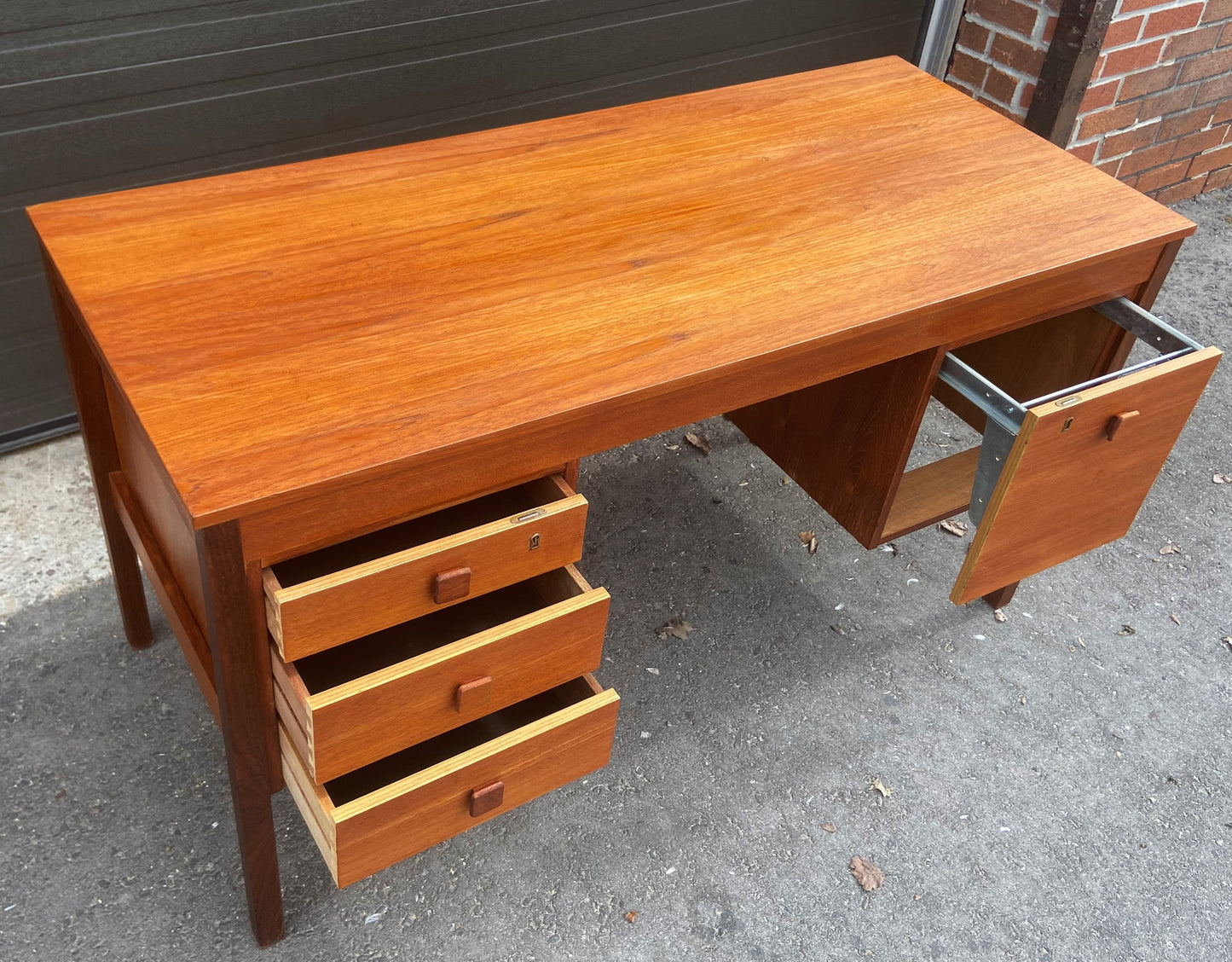 REFINISHED Danish Mid Century Modern Teak Desk Free Standing