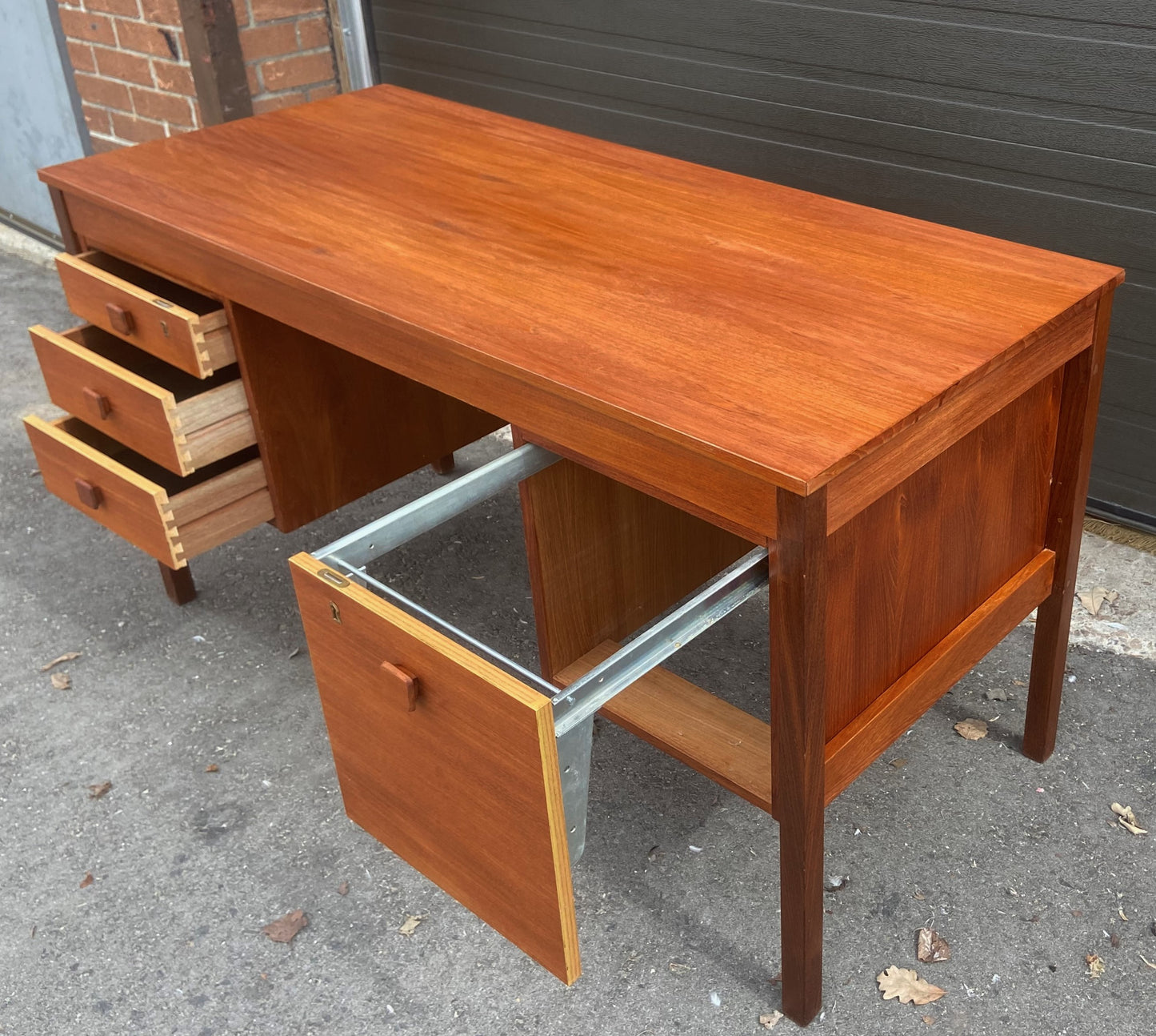 REFINISHED Danish Mid Century Modern Teak Desk Free Standing