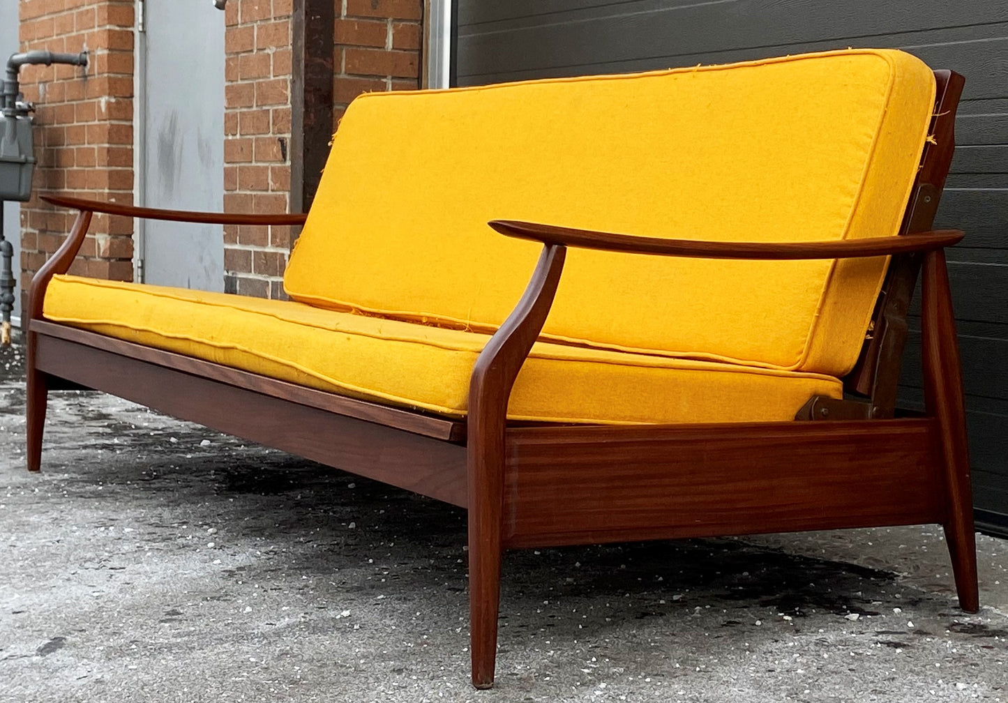 REFINISHED Mid Century Modern Solid Teak Sofa - Bed with NEW CUSHIONS
