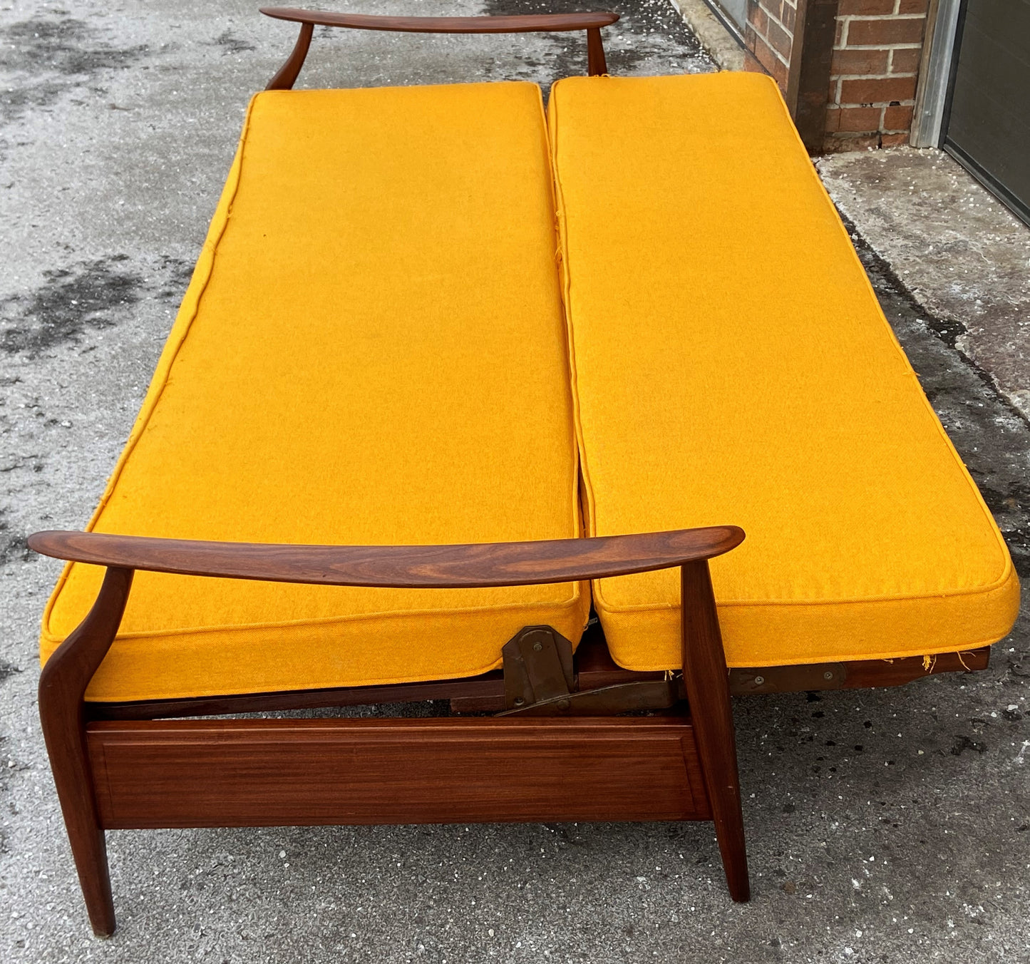 REFINISHED Mid Century Modern Solid Teak Sofa - Bed with NEW CUSHIONS