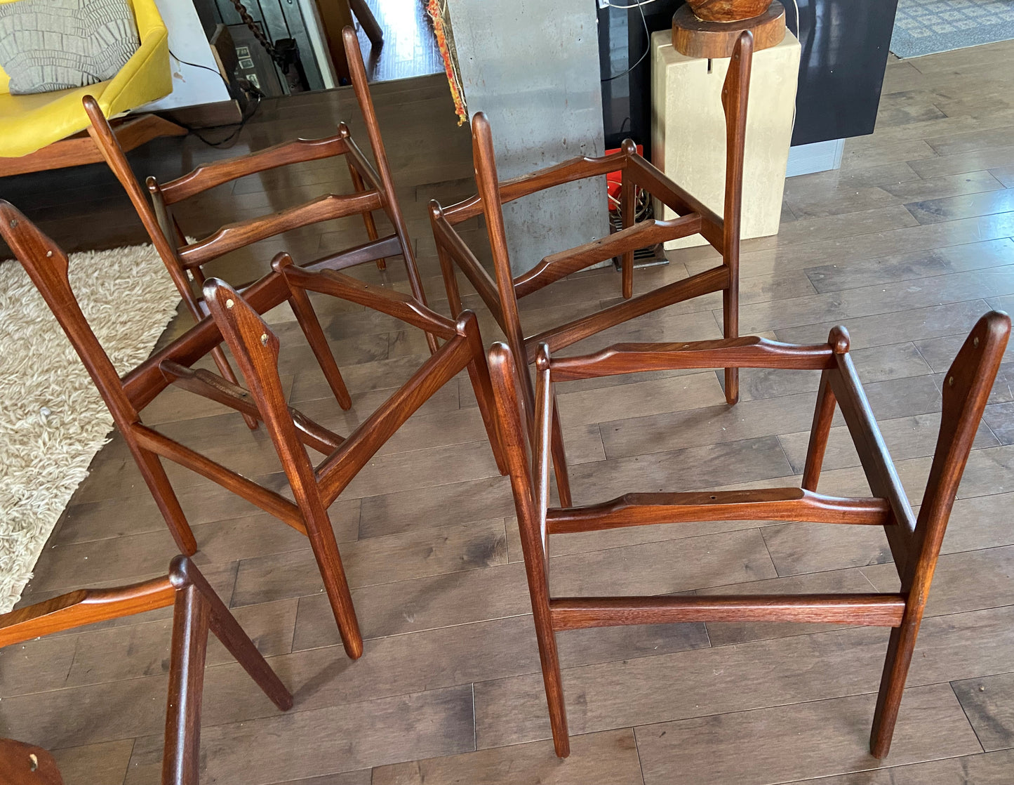 6 REFINISHED will be REUPHOLSTERED Danish Mid Century Modern E. Buch Teak Chairs, floating seats