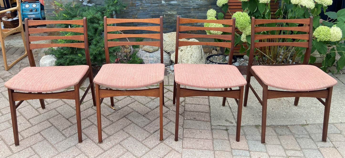 4 REFINISHED REUPHOLSTERED Danish Mid Century Modern Teak Chairs Ladder Back