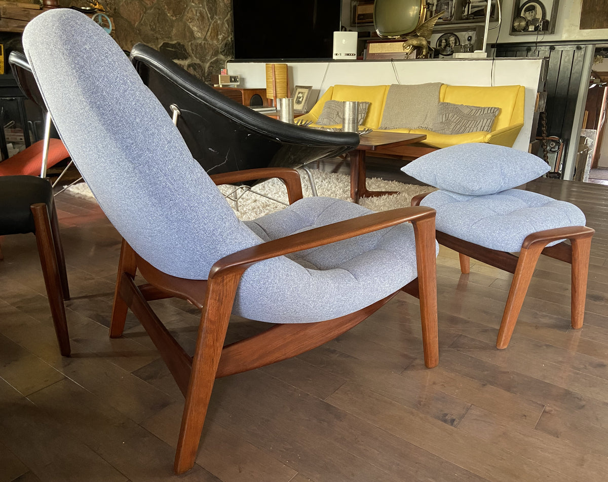 Will be REFINISHED REUPHOLSTERED MCM Teak Scoop Lounge Chair & Ottoman by Huber