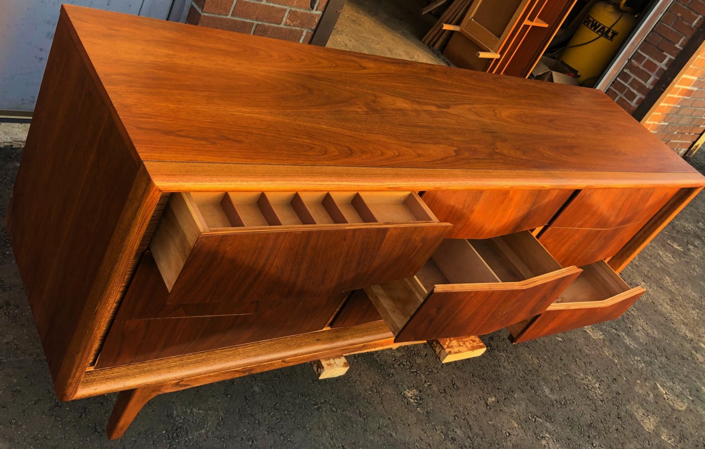 REFINISHED MCM Walnut Bedroom Set Vladimir Kagan style: 9 Drawer Dresser, Tallboy, 2 Nightstands & Headboard - Mid Century Modern Toronto