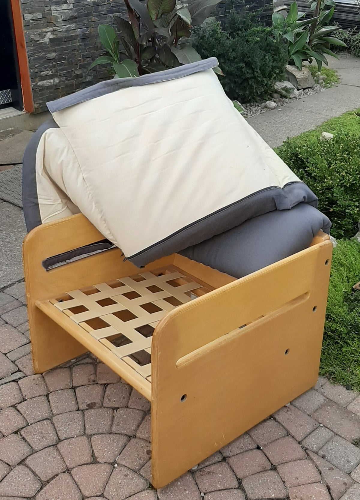 Restored Mid Century Modern Lounge Armchair in grey linen by Muller and Stewart