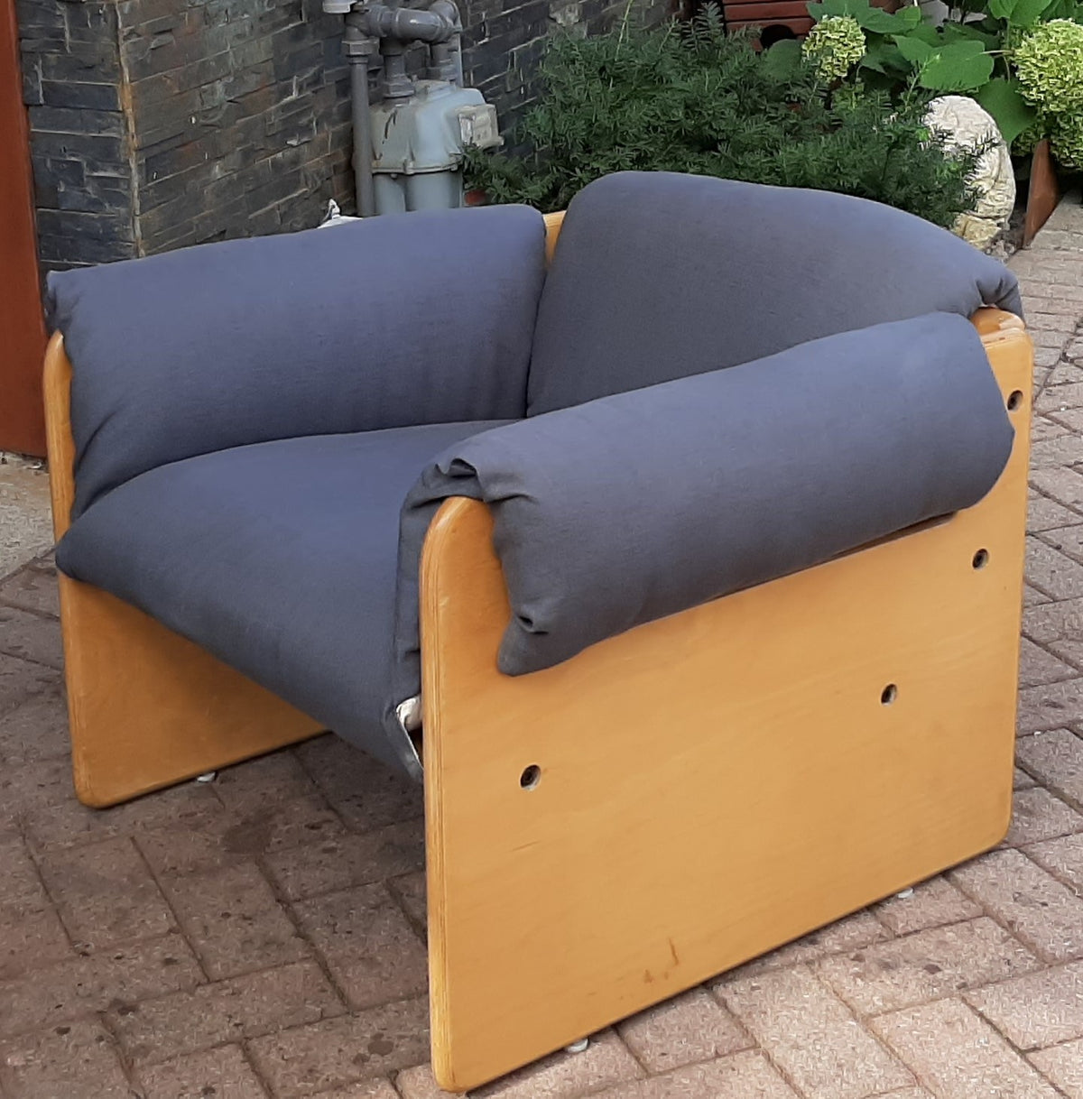 Restored Mid Century Modern Lounge Armchair in grey linen by Muller and Stewart
