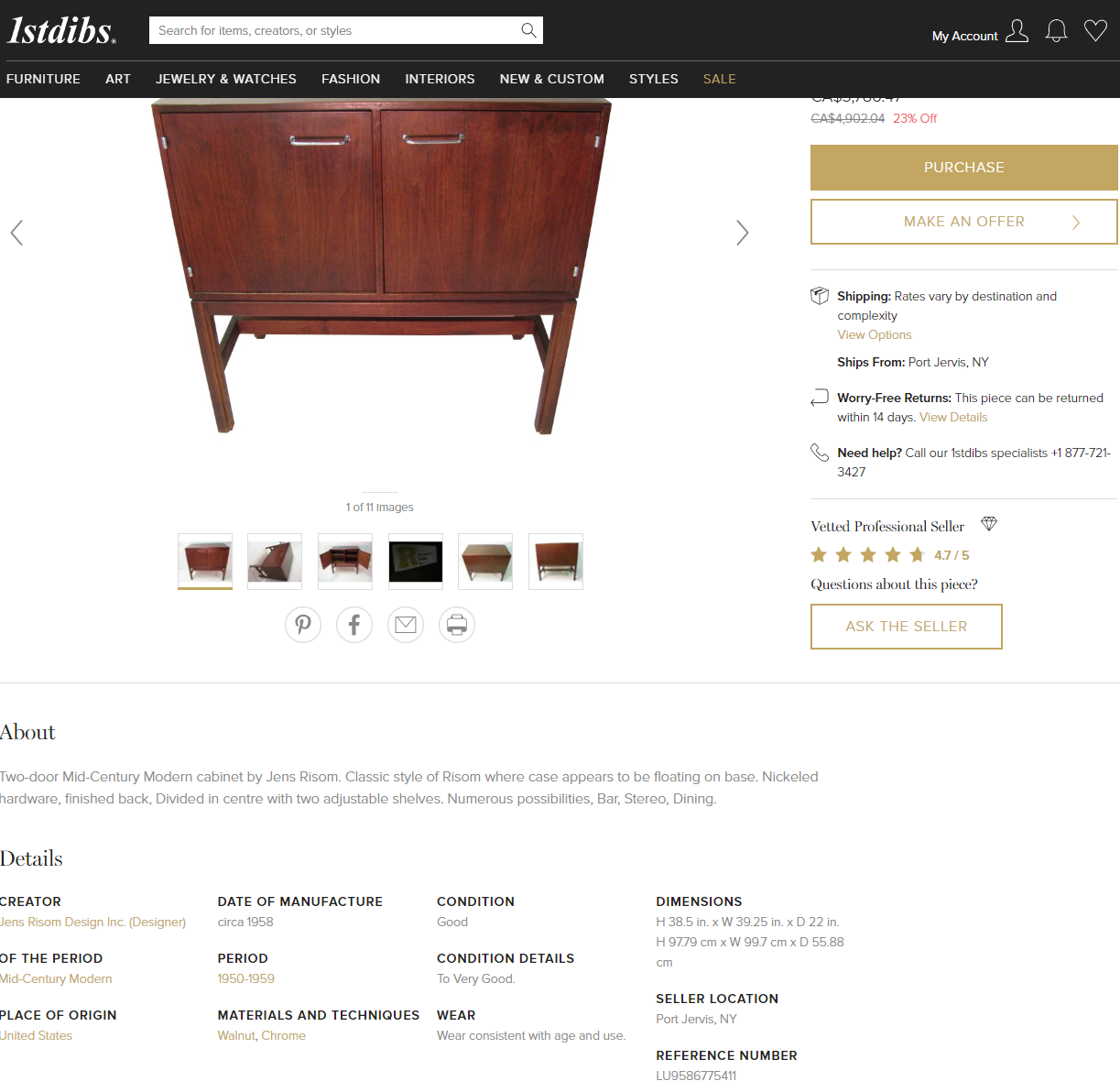 REFINISHED MCM Walnut Cabinet by Jens Risom, commercial quality 3 ft, PERFECT - Mid Century Modern Toronto