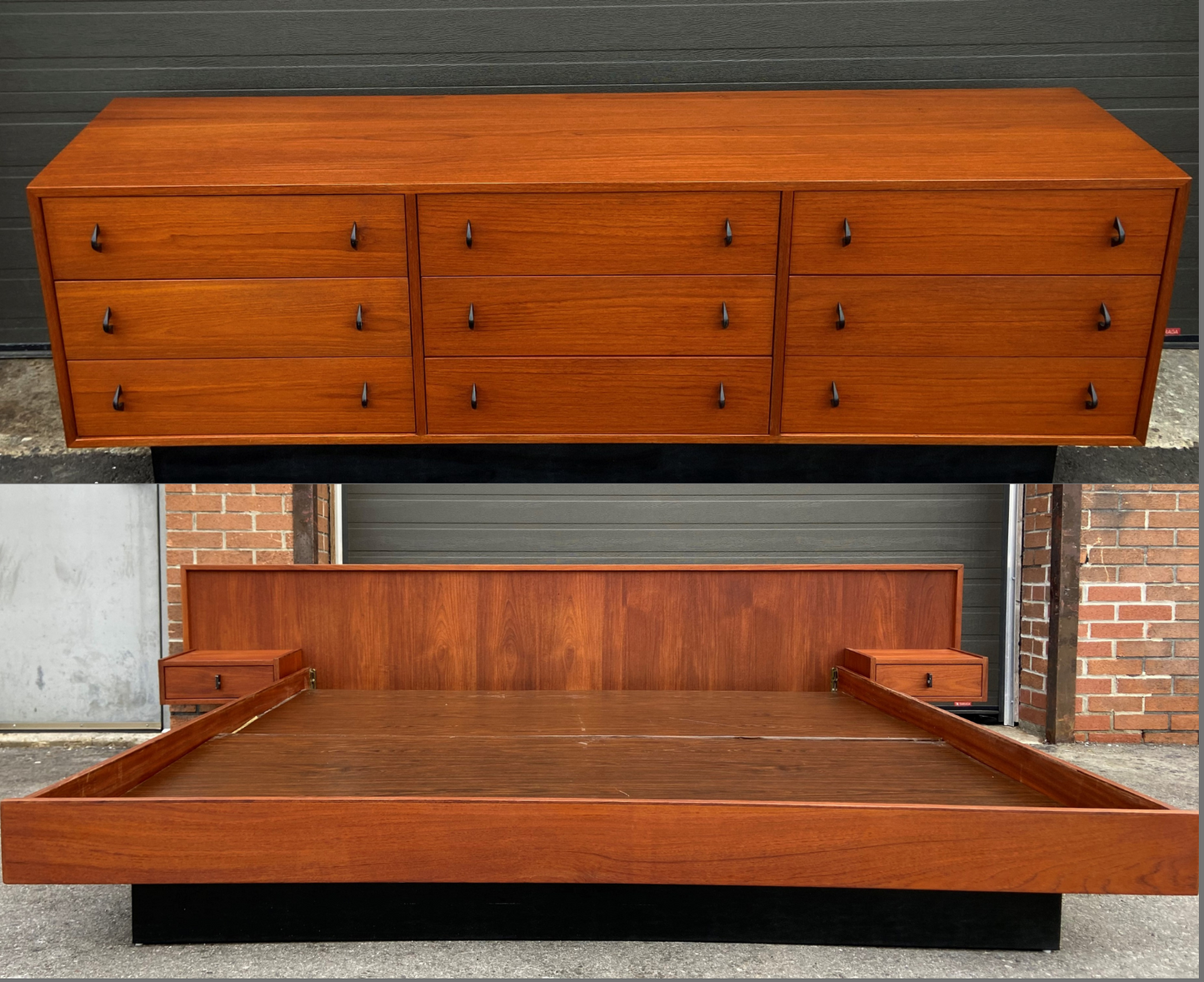REFINISHED MCM Teak King Bed w Floating Nightstands and 9 Drawers Dresser, PERFECT