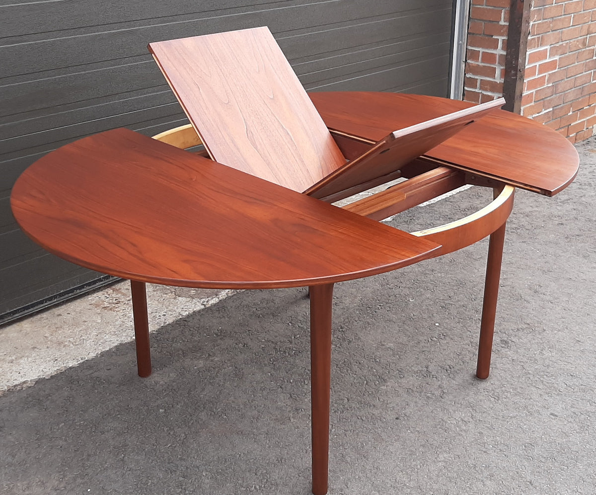REFINISHED MCM Teak Table Round to Oval w Butterfly Leaf by McIntosh 48