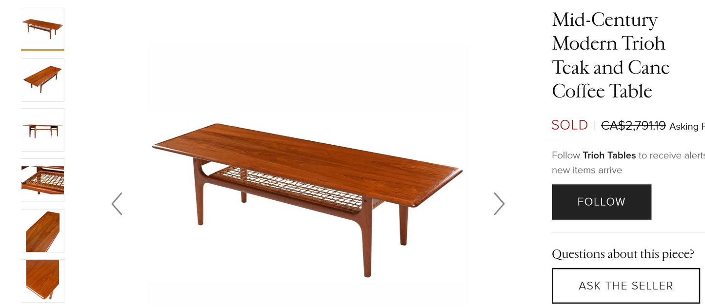 REFINISHED Danish Mid Century Modern XL Teak Coffee Table with Cane Shelf by Trioh