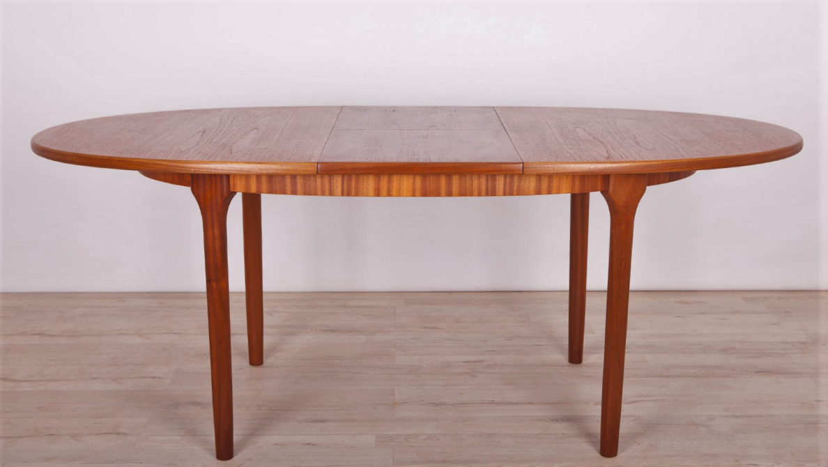 REFINISHED MCM Teak Table Round to Oval w Butterfly Leaf by McIntosh 48"-66"