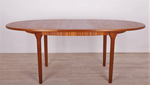 REFINISHED MCM Teak Table Round to Oval w Butterfly Leaf by McIntosh 48