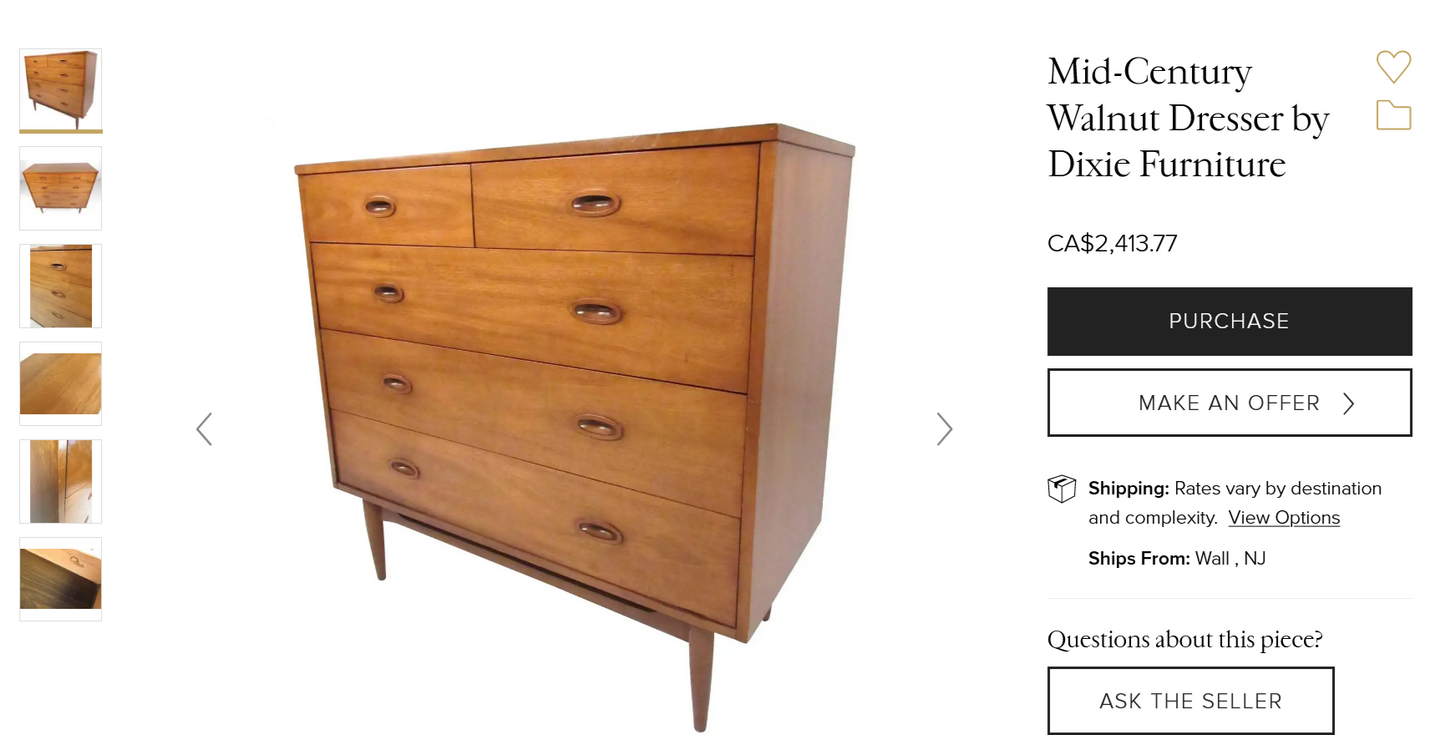 REFINISHED MCM Walnut Dresser 9 drawers by Dixie Furniture Co.