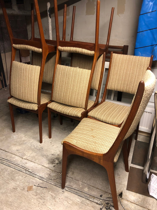6 MCM Solid Teak Chairs by Kai Kristiansen, will be custom REUPHOLSTERED , perfect, $299 each - Mid Century Modern Toronto