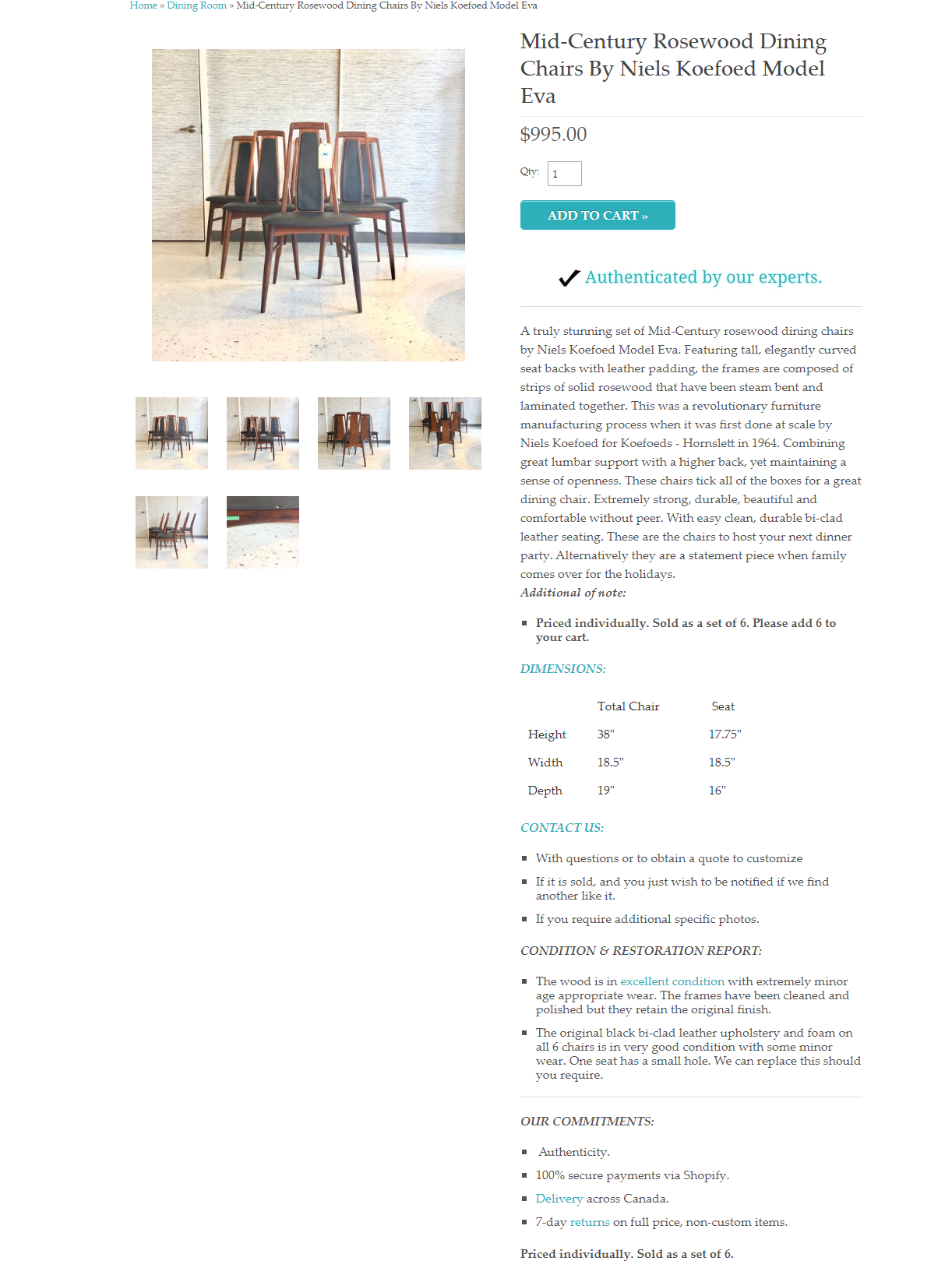 6 Danish MCM Niels Koefoed Eva Rosewood Chairs - Mid Century Modern Toronto