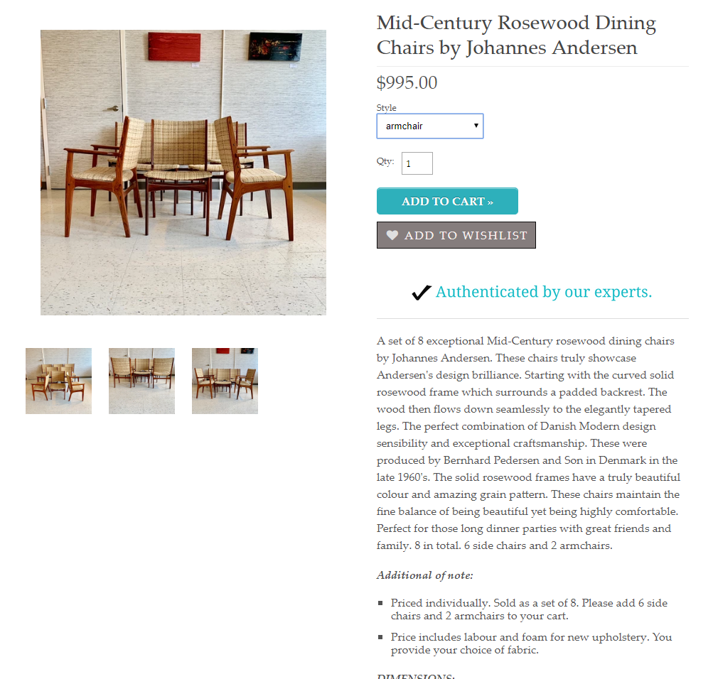 6 Danish MCM Brazilian Rosewood Chairs by Johannes Andersen RESTORED (2 arm, 4 side) - Mid Century Modern Toronto