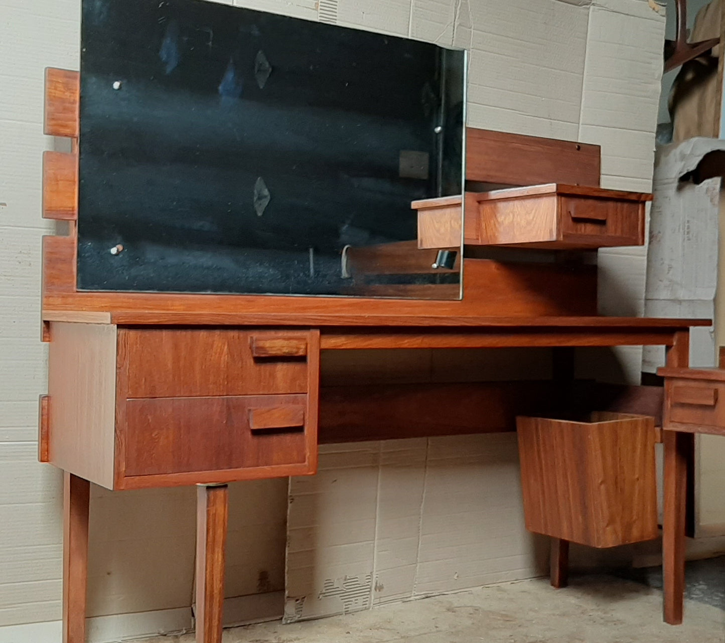 REFINISHED MCM Teak Headboard w floating nightstands Queen and Vanity or Desk, Perfect