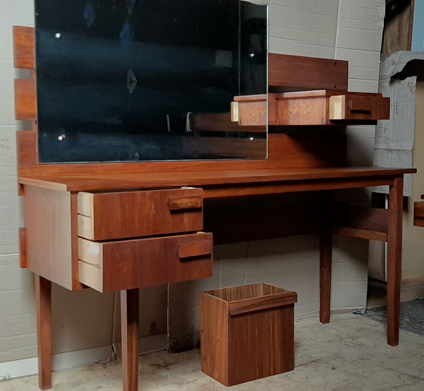 REFINISHED MCM Teak Headboard w floating nightstands Queen and Vanity or Desk, Perfect