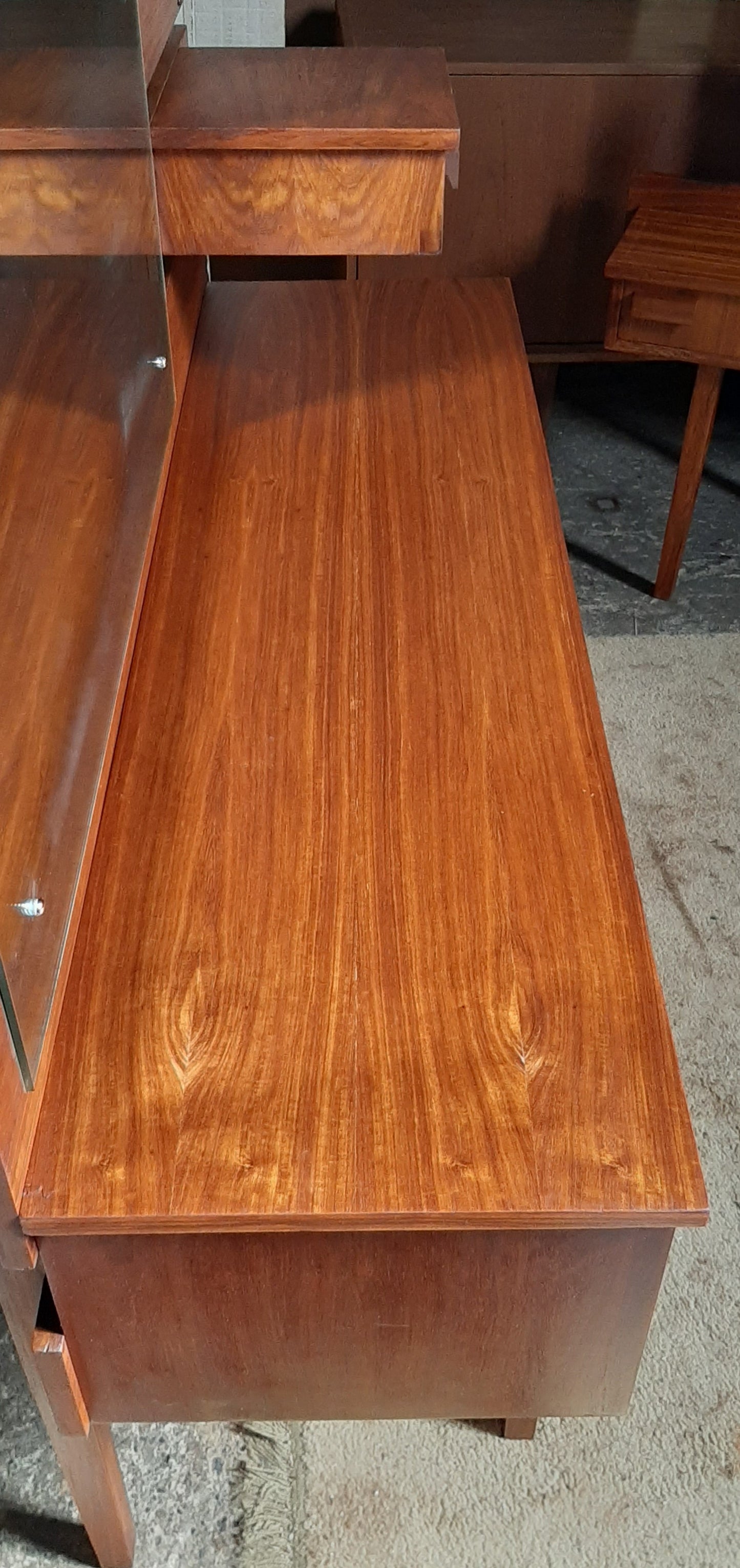 REFINISHED MCM Teak Headboard w floating nightstands Queen and Vanity or Desk, Perfect