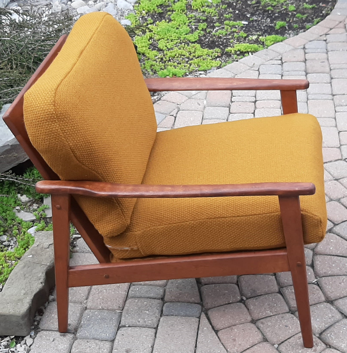 Set of 2 REFINISHED REUPHOLSTERED MCM Solid Wood Lounge Armchairs in mustard wool, like new