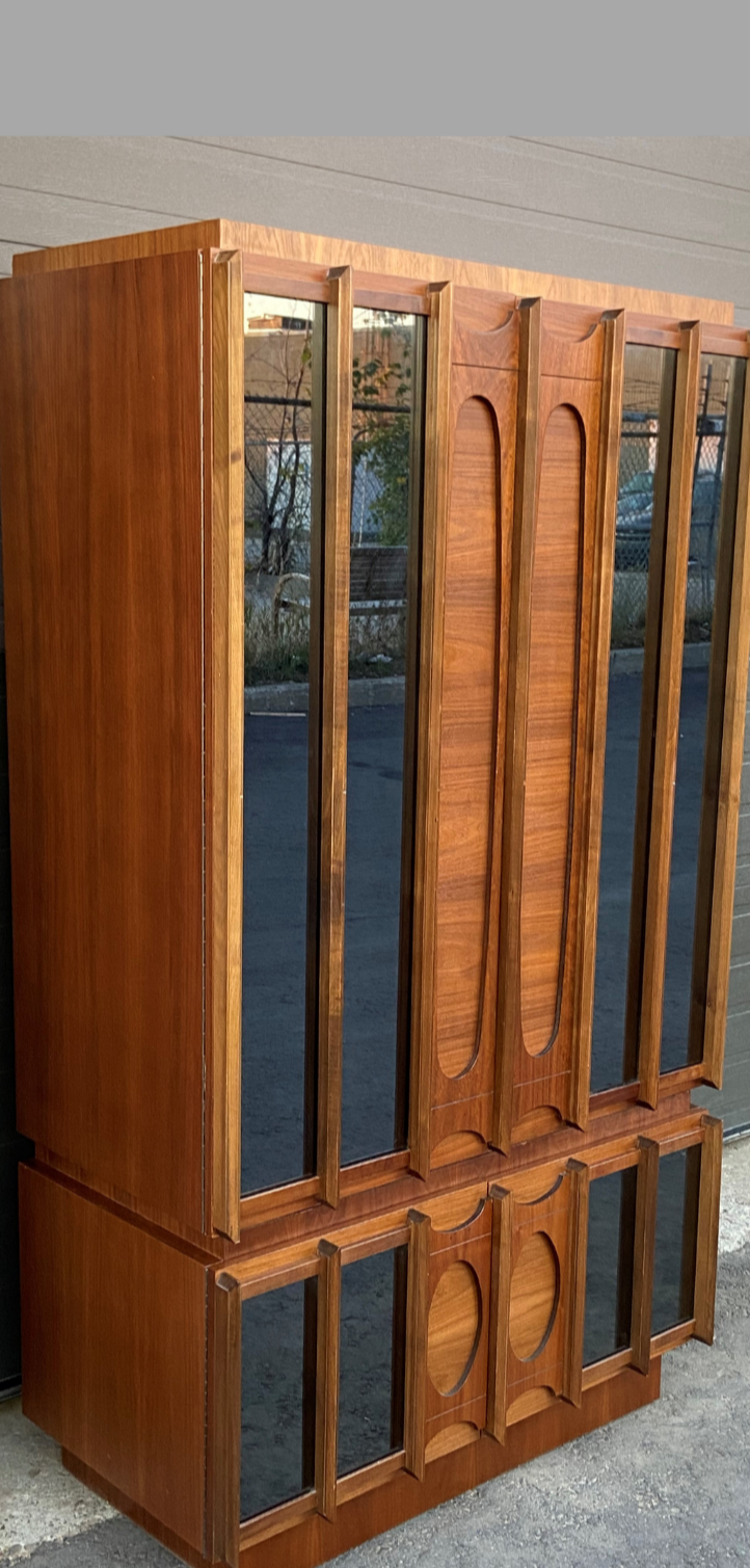 RESTORED Rare MCM Teak & Walnut Mirrored Brutalist Armoire High Credenza