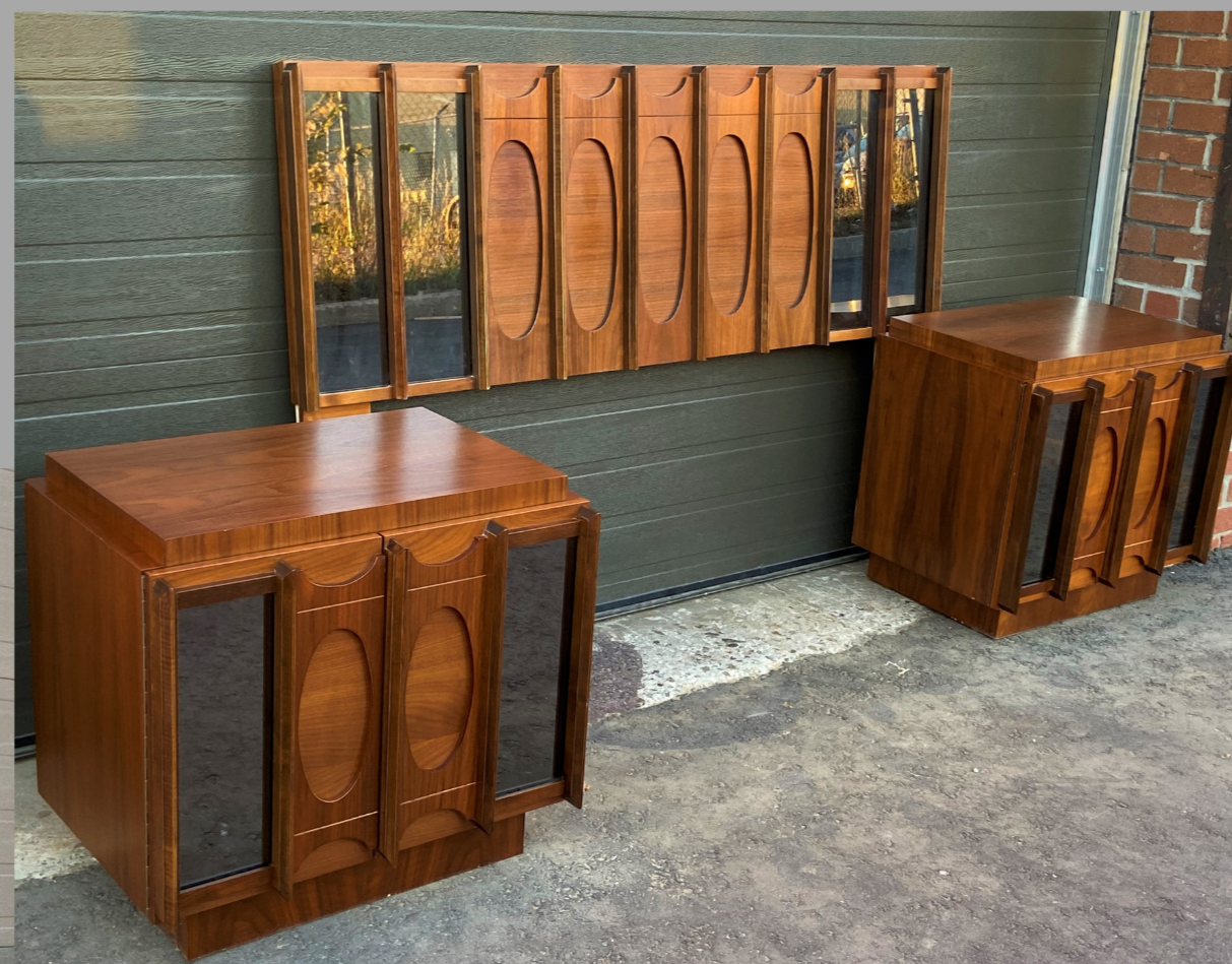 RESTORED Rare MCM Teak & Walnut Mirrored Brutalist Headboard Queen, metal bed frame, 2 nightstands