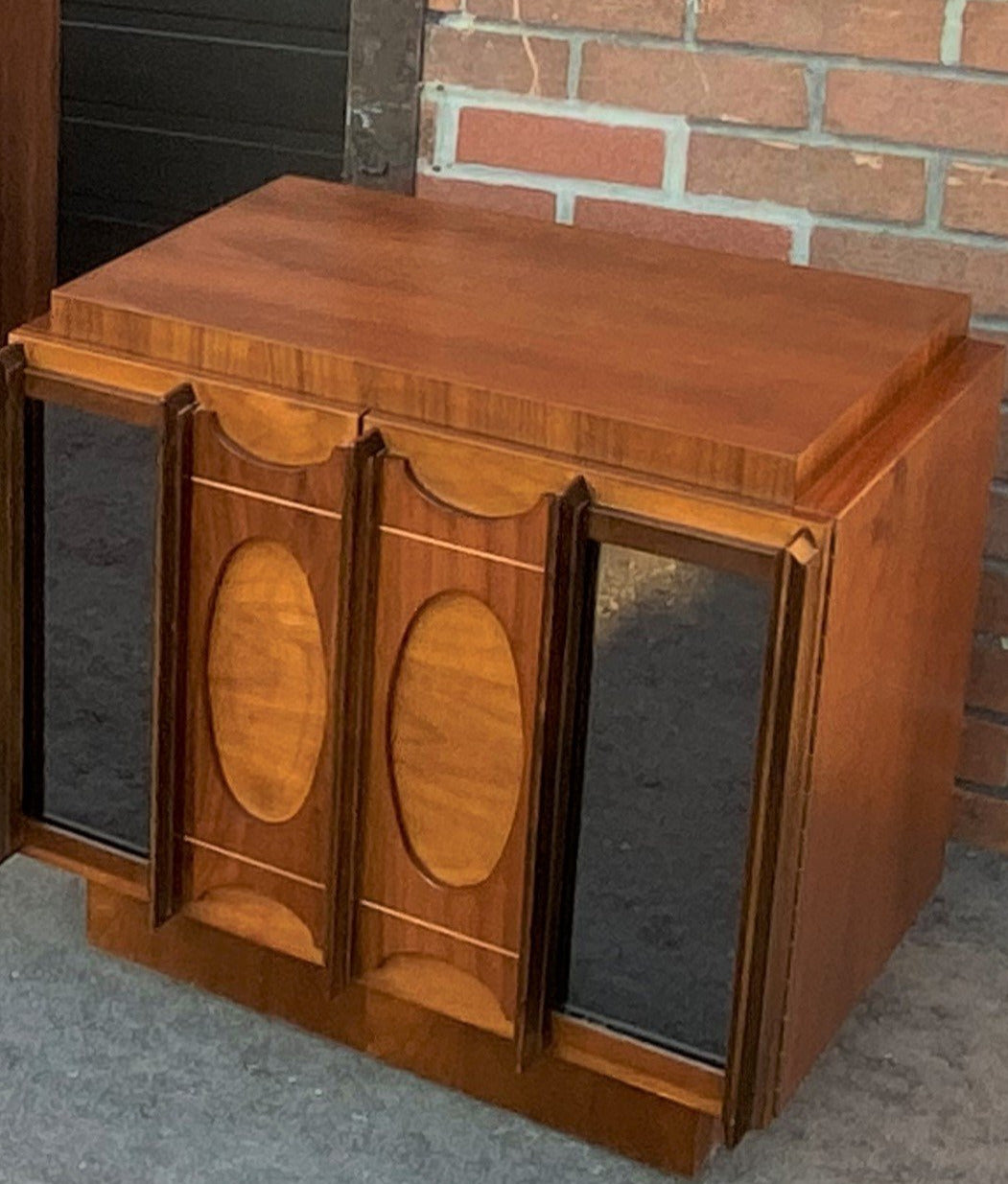 RESTORED Rare MCM Teak & Walnut Mirrored Brutalist Headboard Queen, metal bed frame, 2 nightstands