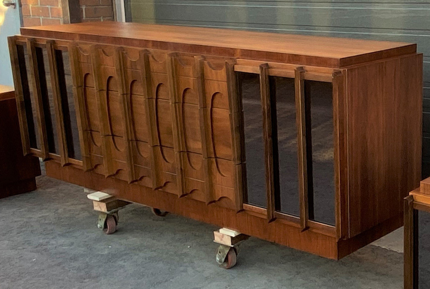 RESTORED Rare MCM Teak & Walnut Mirrored Brutalist Credenza Dresser 80"