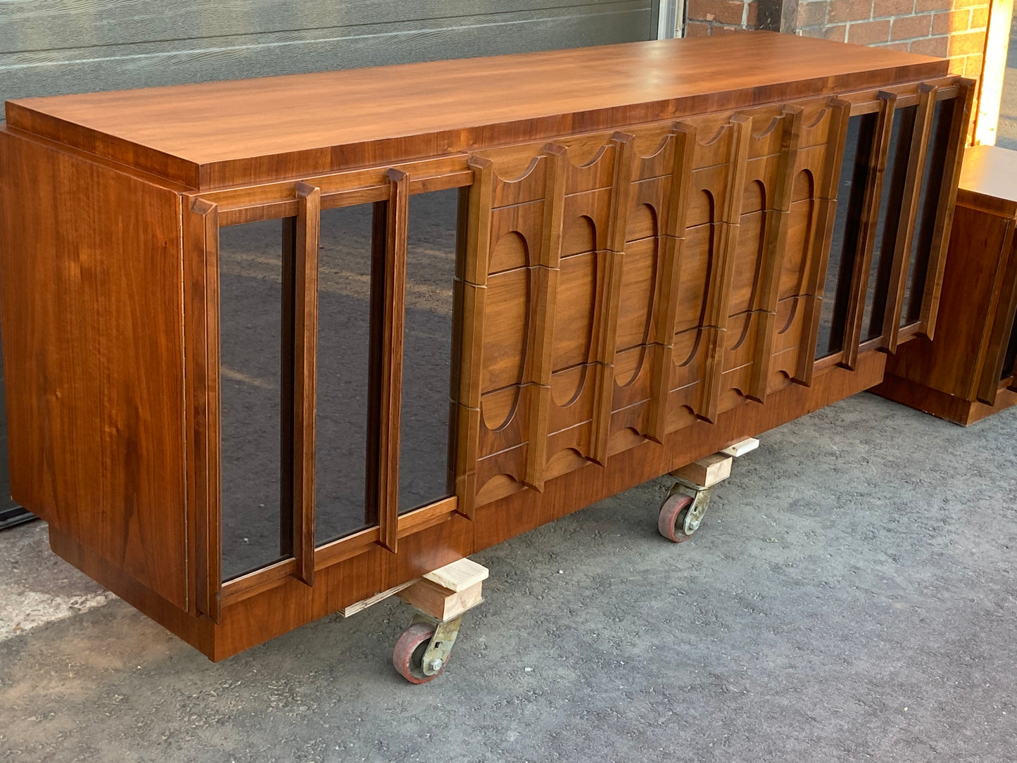 RESTORED Rare MCM Teak & Walnut Mirrored Brutalist Credenza Dresser 80"