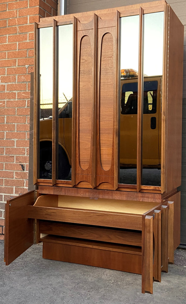 RESTORED Rare MCM Teak & Walnut Mirrored Brutalist Armoire High Credenza