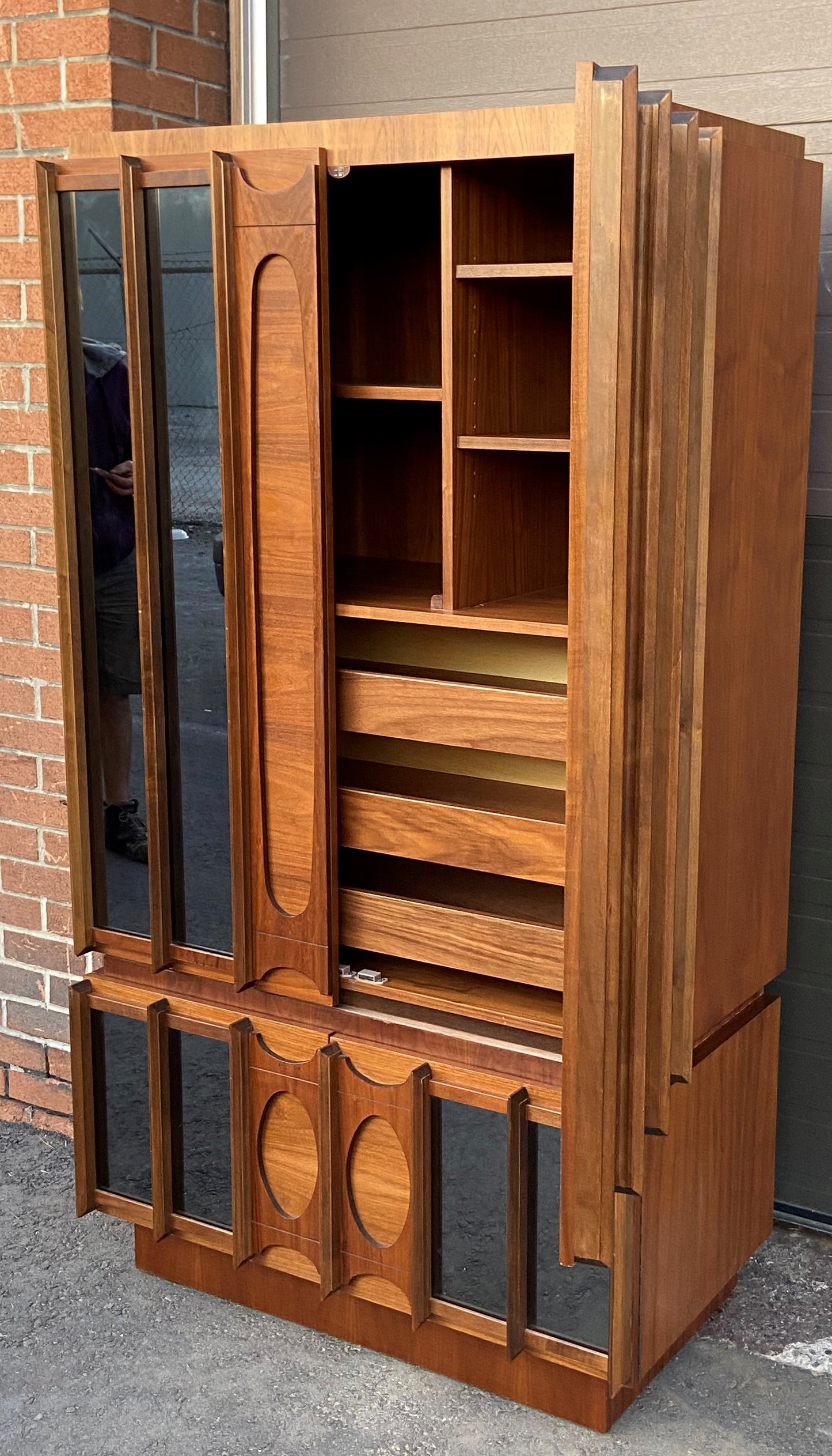 RESTORED Rare MCM Teak & Walnut Mirrored Brutalist Armoire High Credenza