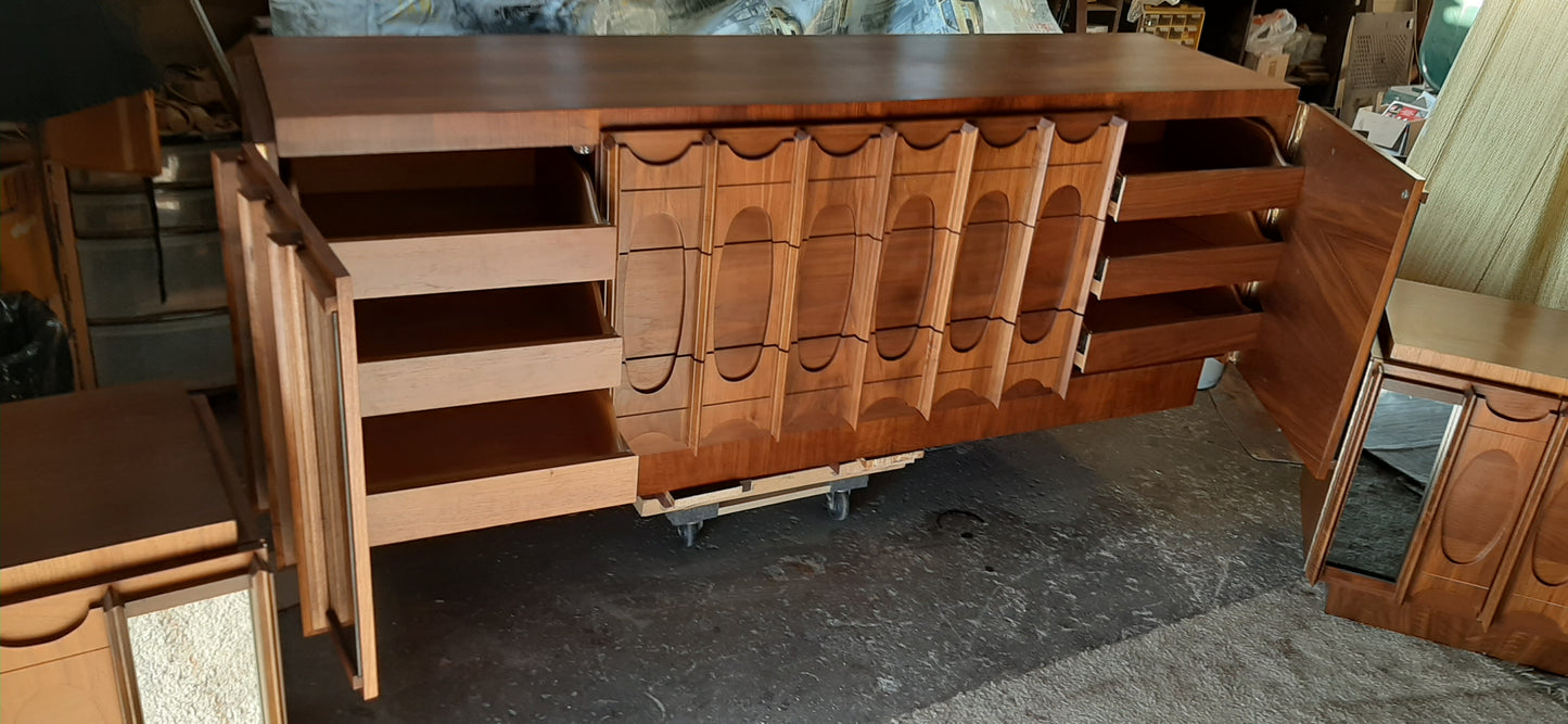 RESTORED Rare MCM Teak & Walnut Mirrored Brutalist Credenza Dresser 80"