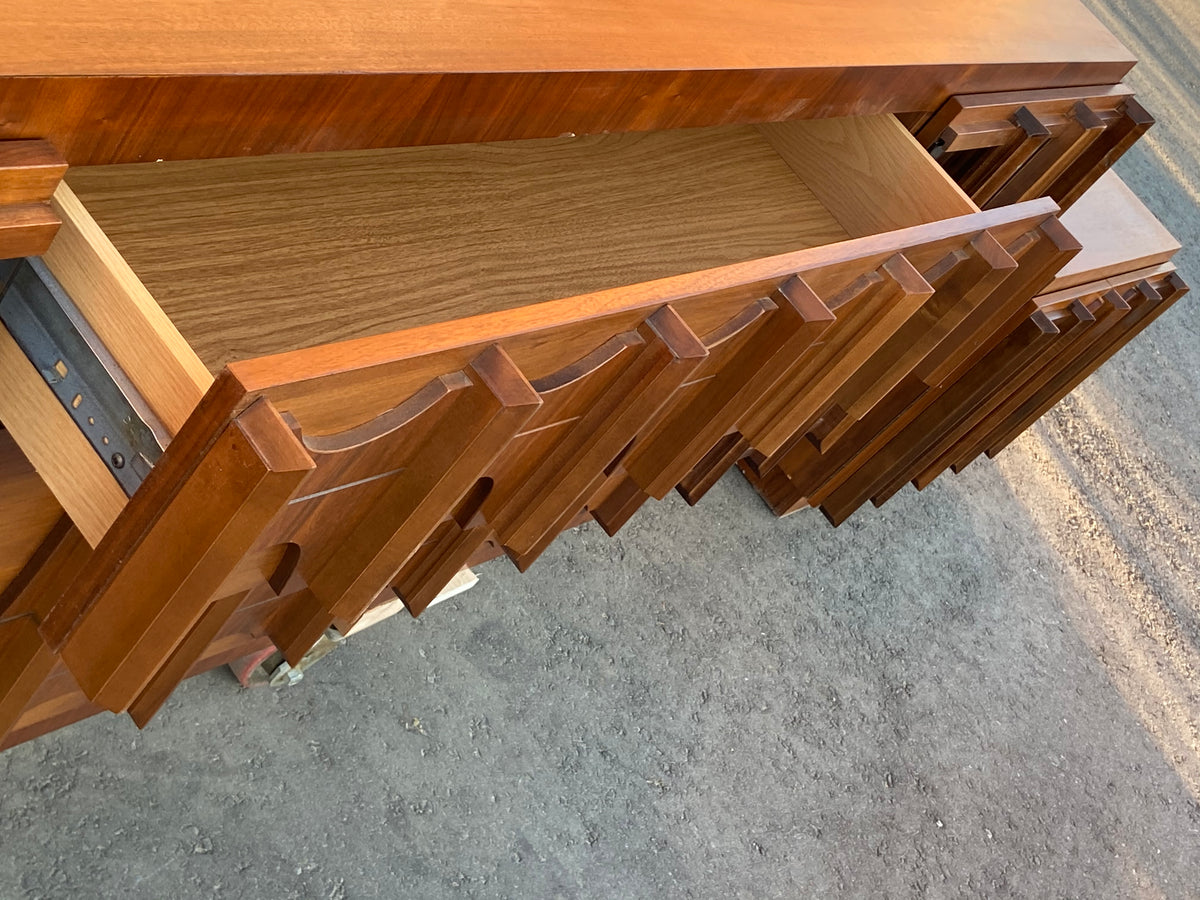 RESTORED Rare MCM Teak & Walnut Mirrored Brutalist Credenza Dresser 80
