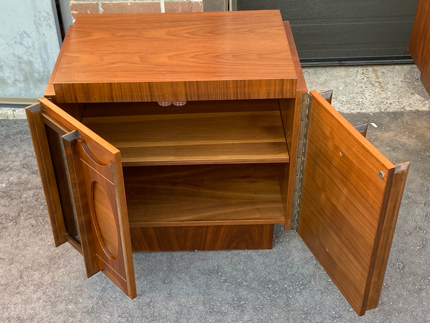 RESTORED Rare MCM Teak & Walnut Mirrored Brutalist Headboard Queen, metal bed frame, 2 nightstands