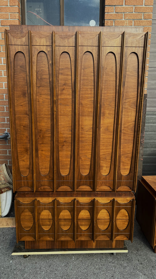 RESTORED Mid Century Modern Walnut Brutalist Armoire High Credenza