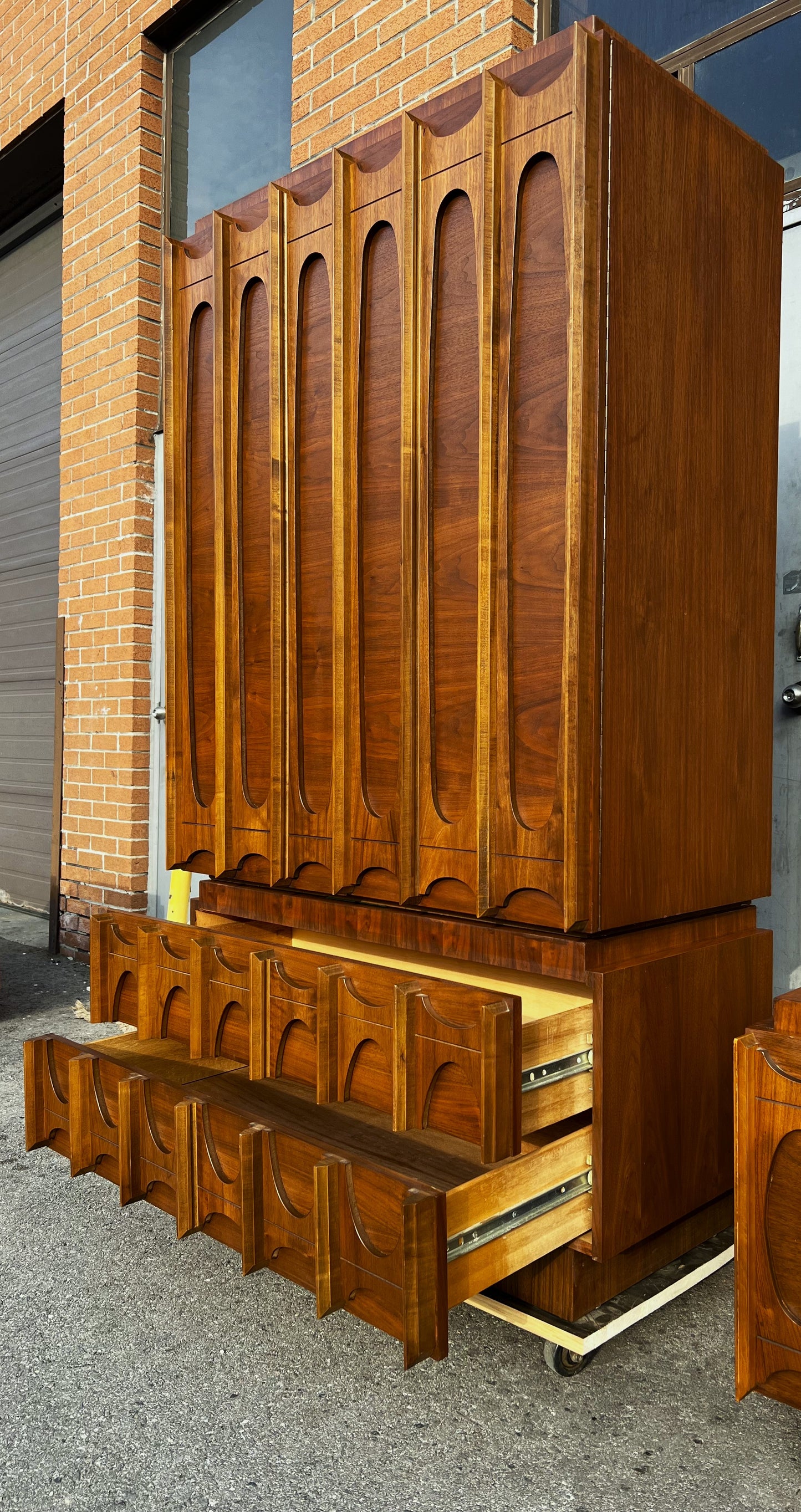 RESTORED Mid Century Modern Walnut Brutalist Set: Credenza, Armoire, 2 Nightstands