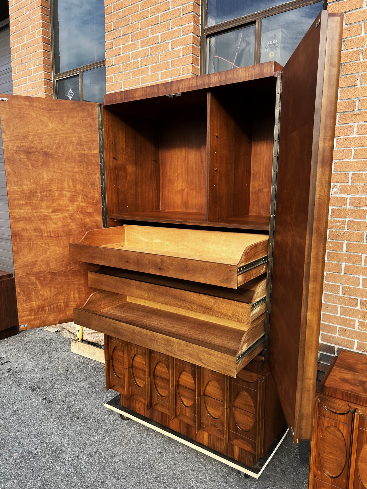 RESTORED Mid Century Modern Walnut Brutalist Armoire High Credenza