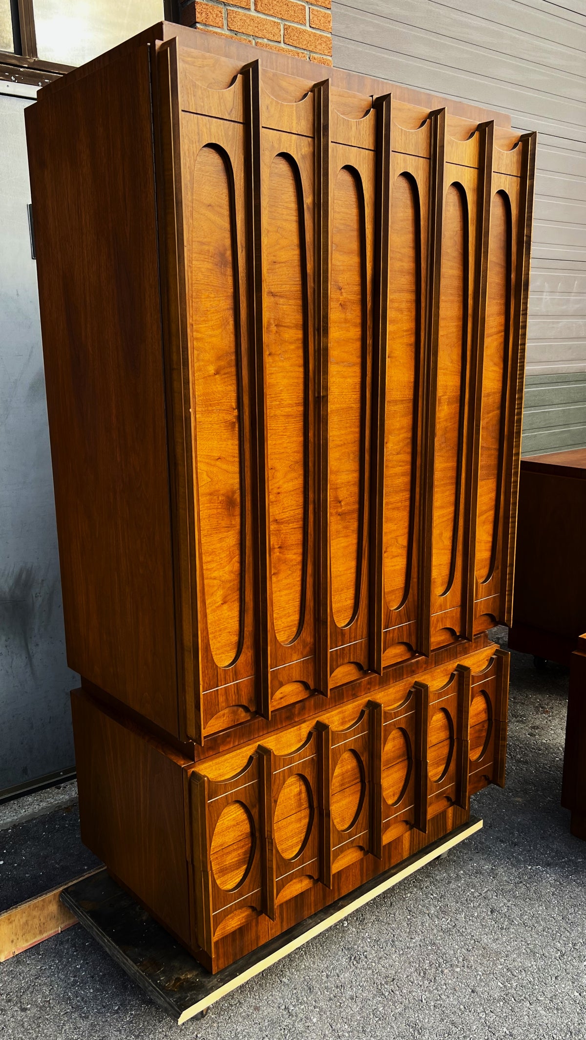 RESTORED Mid Century Modern Walnut Brutalist Armoire High Credenza