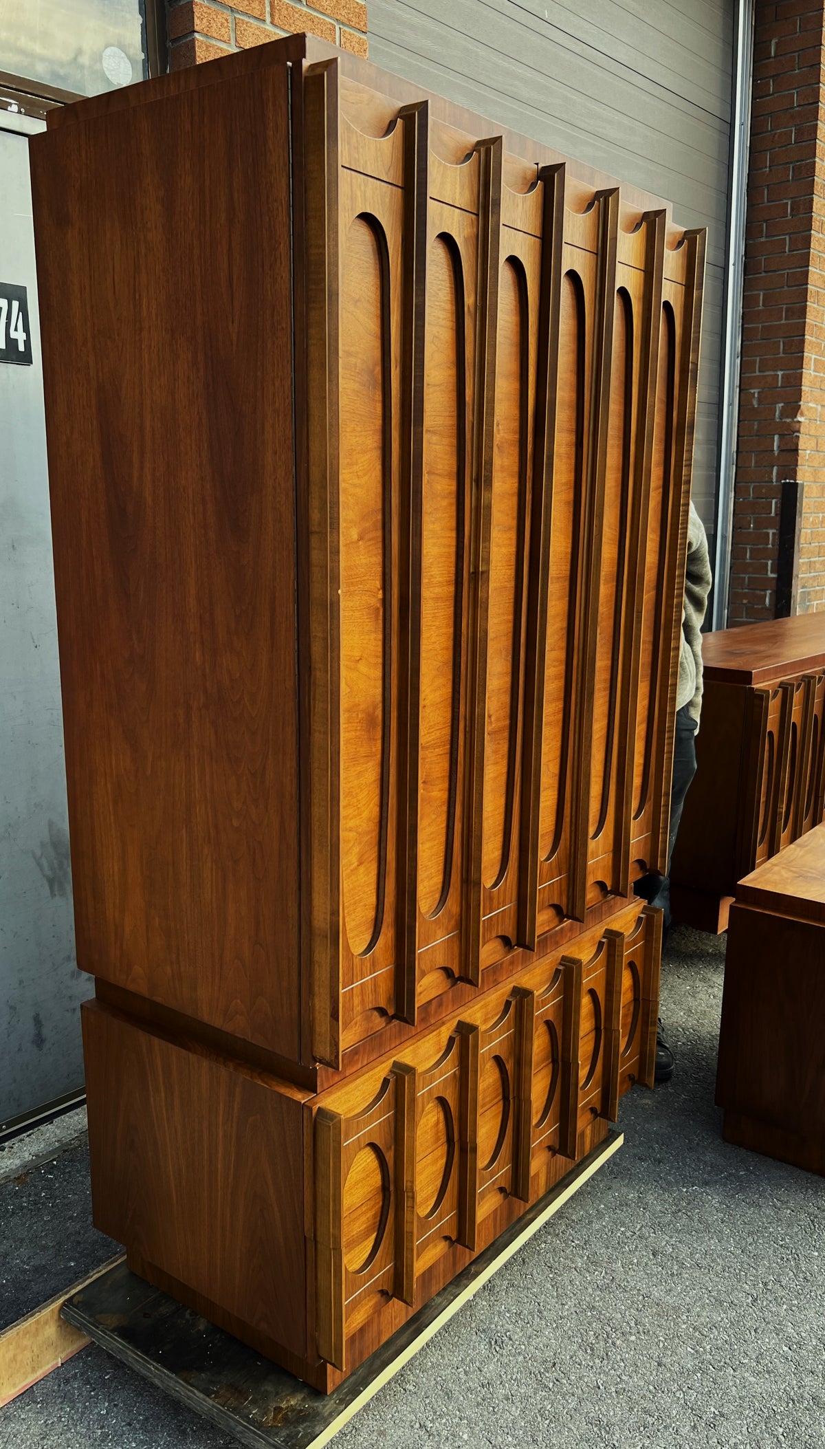 RESTORED Mid Century Modern Walnut Brutalist Armoire High Credenza