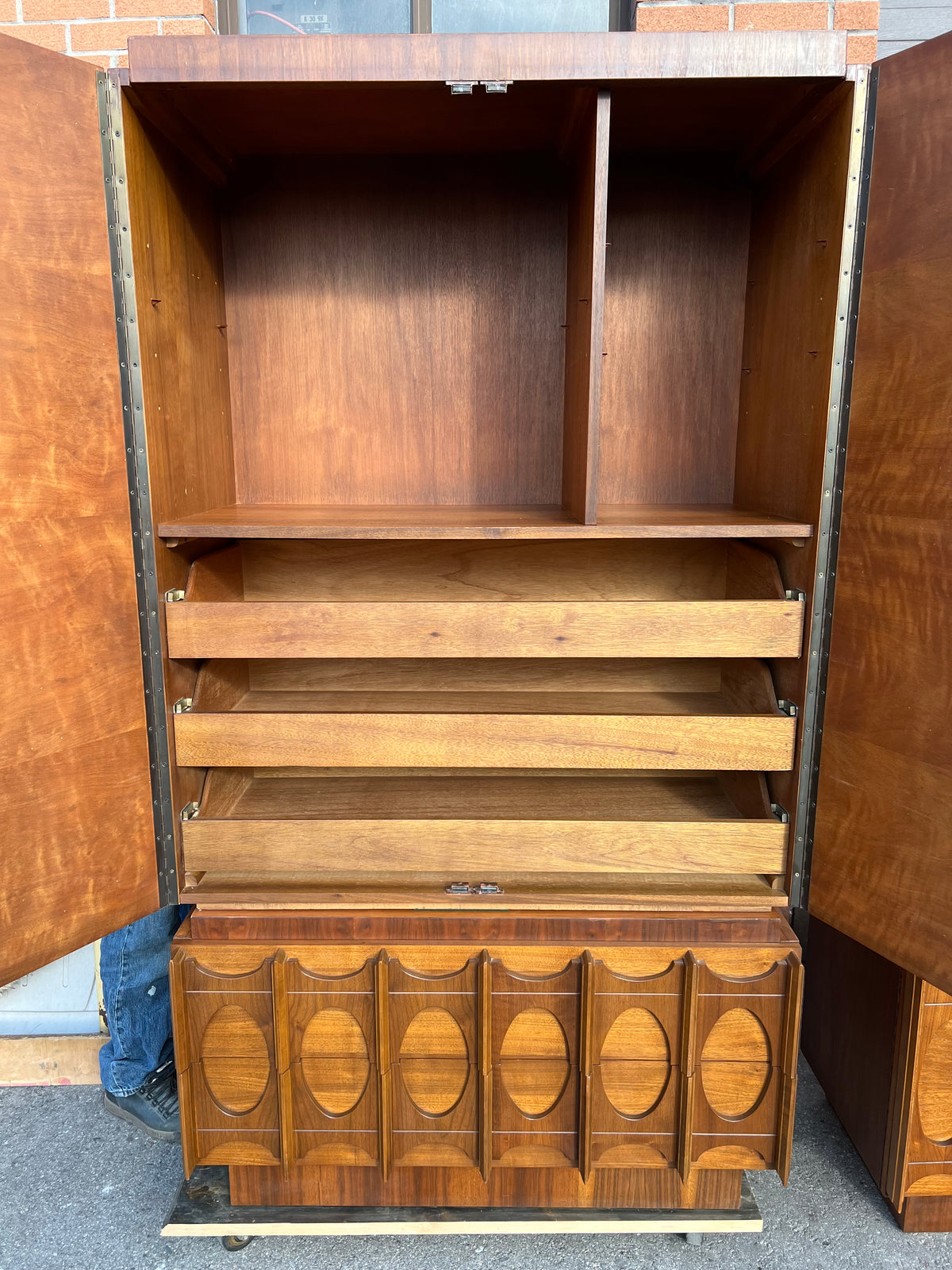 RESTORED Mid Century Modern Walnut Brutalist Armoire High Credenza