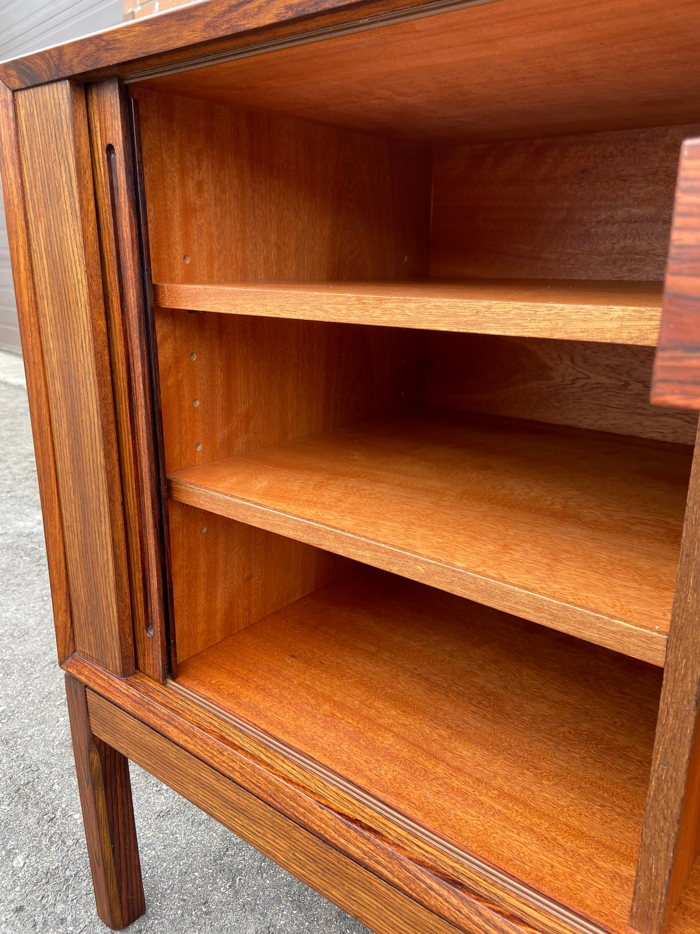 REFINISHED Danish Mid Century Modern Rosewood Credenza w Tambour Doors Finished Back 79"