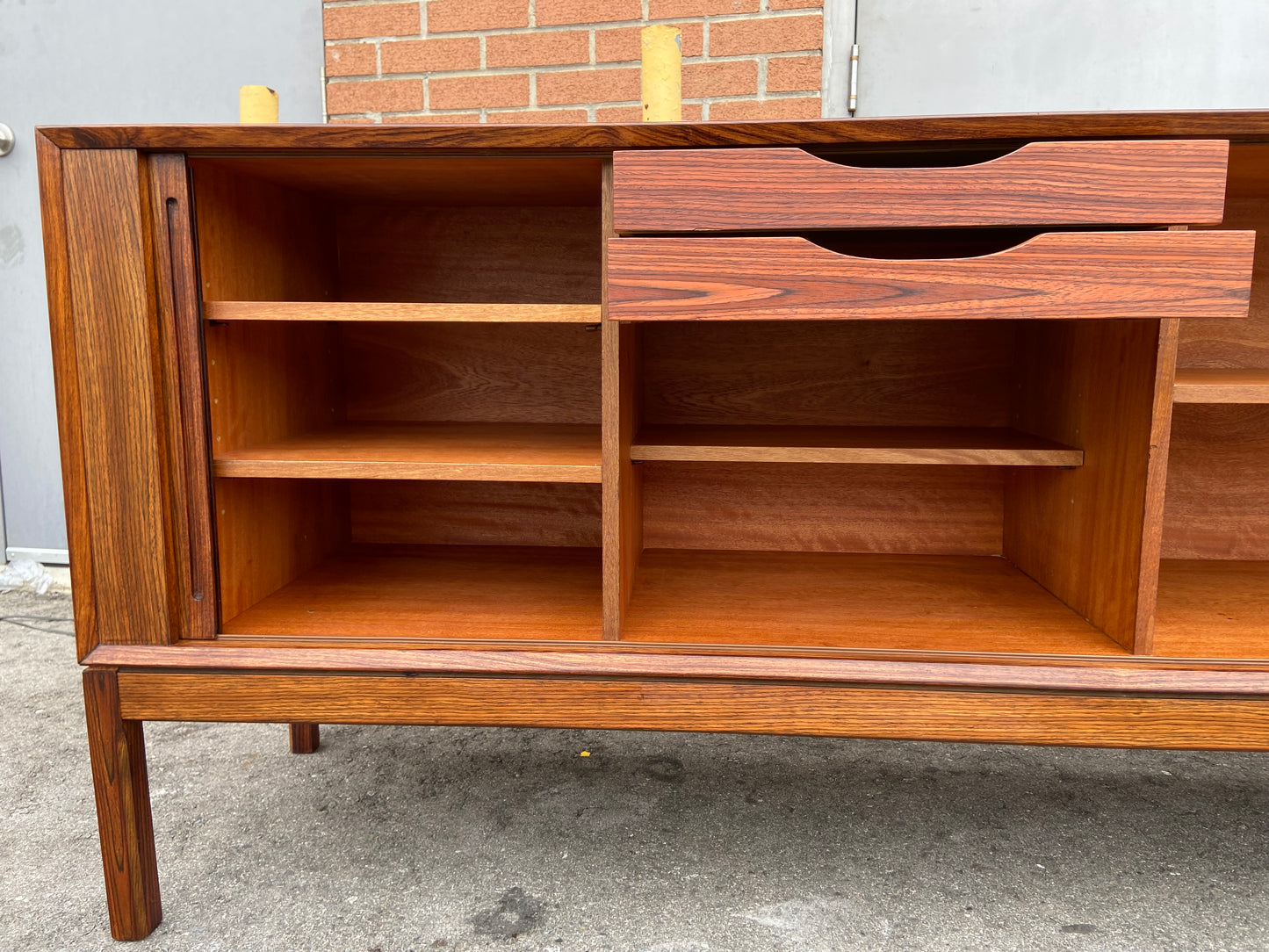 REFINISHED Danish Mid Century Modern Rosewood Credenza w Tambour Doors Finished Back 79"