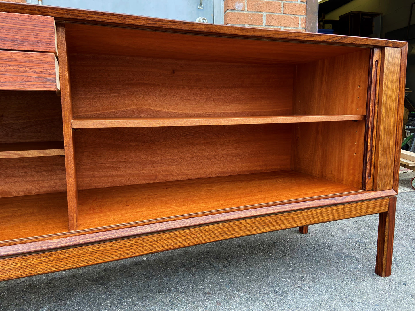 REFINISHED Danish Mid Century Modern Rosewood Credenza w Tambour Doors Finished Back 79"