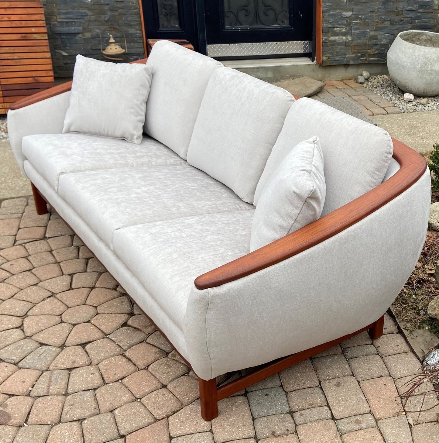 MCM Huber Barrel Back Teak Sofa, REFINISHED & REUPHOLSTERED in KNOLL stain repellent fabric, PERFECT