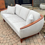 MCM Huber Barrel Back Teak Sofa, REFINISHED & REUPHOLSTERED in KNOLL stain repellent fabric, PERFECT 3